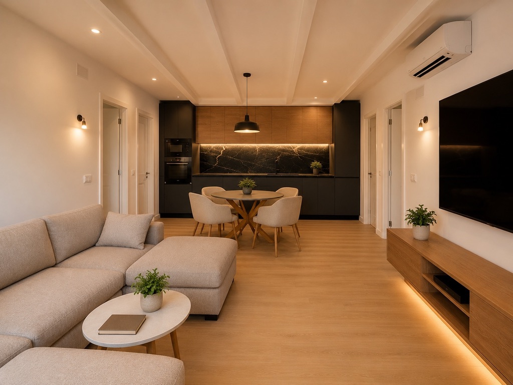 Salón, comedor y cocina de diseño en espacio abierto