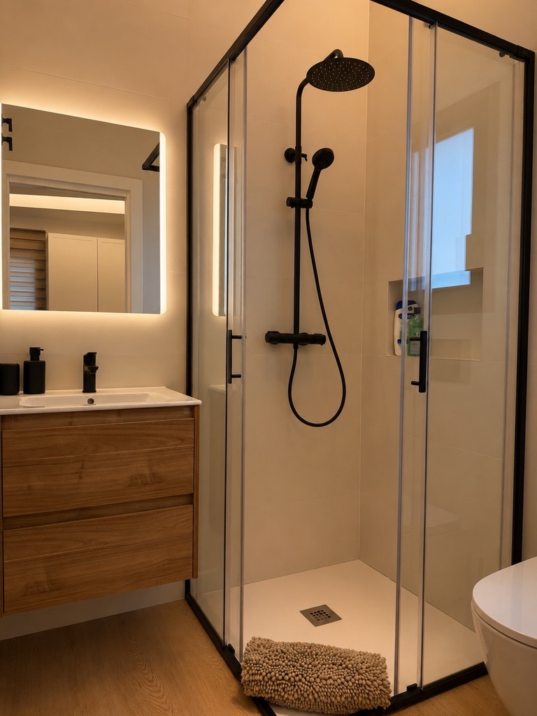 Baño privado en suite con espejo retroiluminado